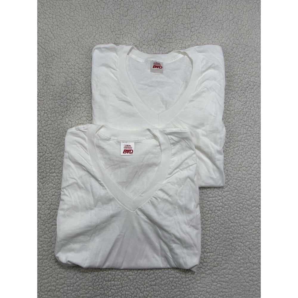 2 Vtg BVD Mens White V Neck T-Shirts Cotton Size Large (42-44) 90s Single Stitch